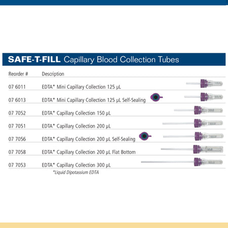 Safe-T-Fill Capillary Blood Collection Tube, 125 L, 1.1 mm diameter-Safe-T-Fill Capillary Blood Collection Tube K2 EDTA Additive 125 L Pierceable Attached Cap Plastic Tube