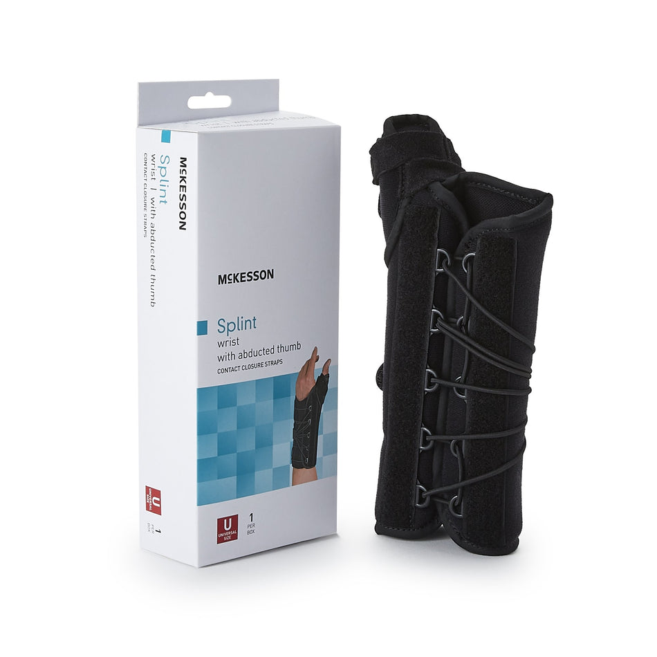 McKesson Right Wrist Splint with Abducted Thumb, One Size Fits Most-Wrist Brace with Thumb Spica McKesson Right Hand Black One Size Fits Most
