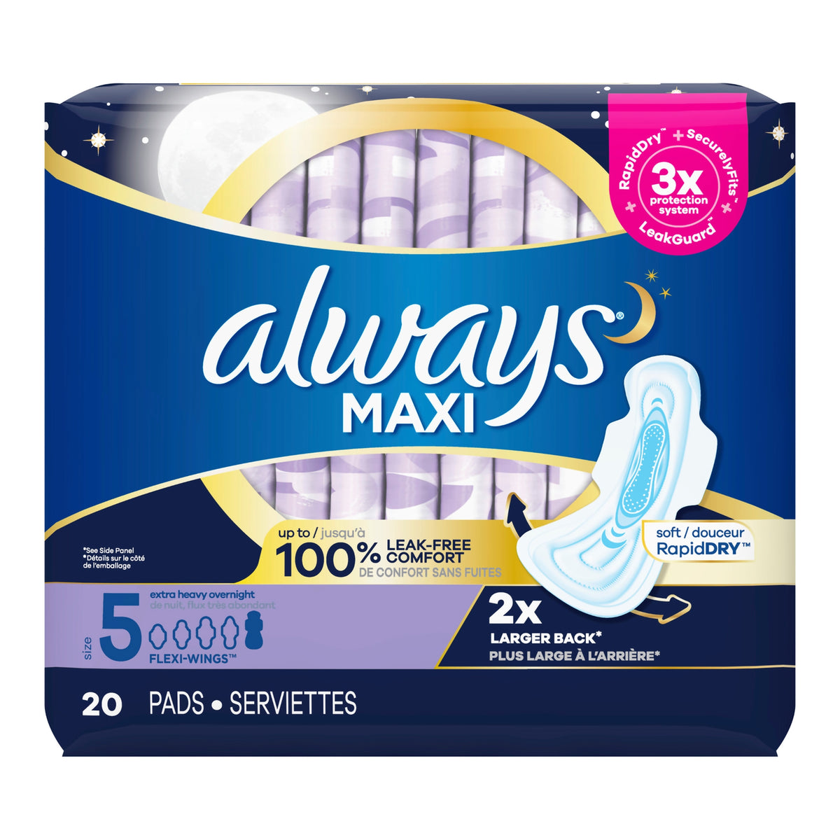 Always Maxi Extra Heavy Overnight Pads with Wings, Size 5-Feminine Pad Always Maxi With Wings Overnight Absorbency