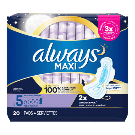 Always Maxi Extra Heavy Overnight Pads with Wings, Size 5-Feminine Pad Always Maxi With Wings Overnight Absorbency