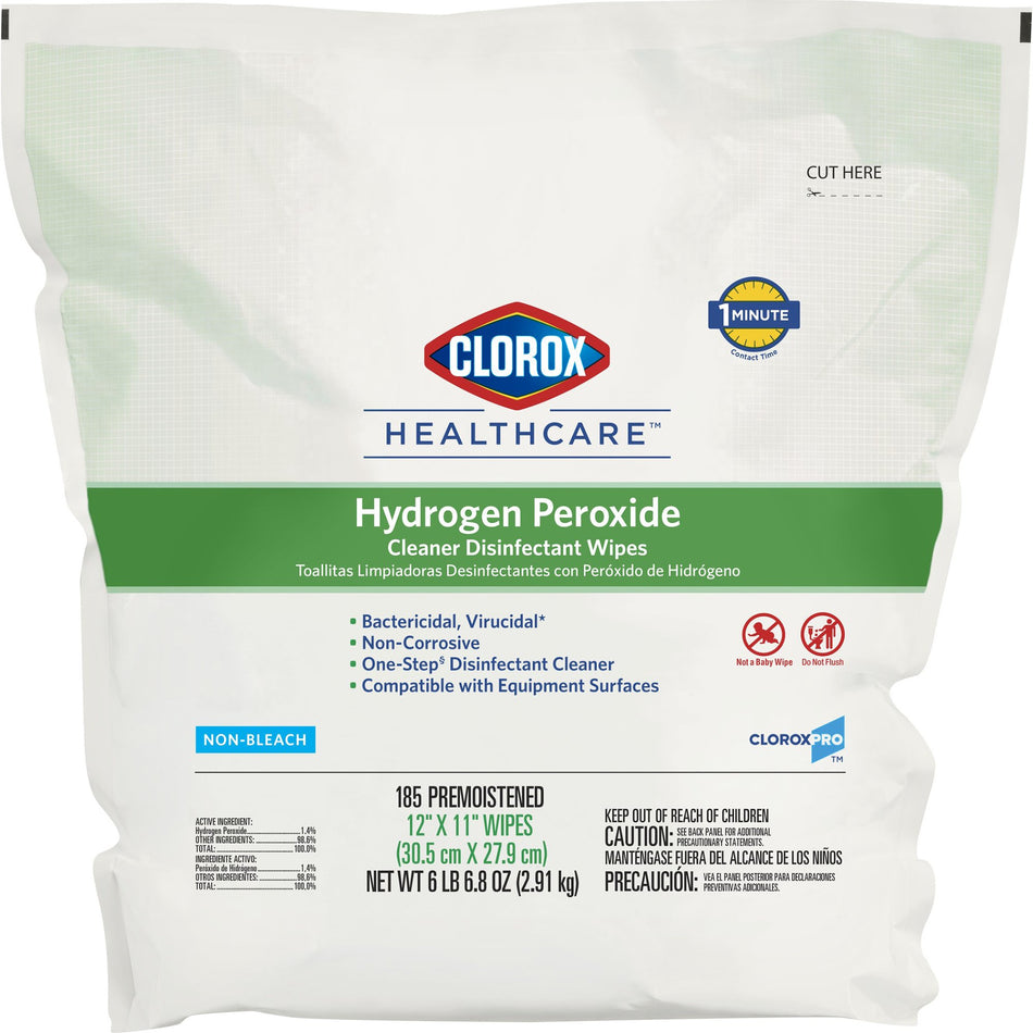 Clorox Healthcare Hydrogen Peroxide Cleaner Disinfectant Wipes, Refill Pouch, 185 ct.-Clorox Healthcare Surface Disinfectant Cleaner Premoistened Hydrogen Peroxide Based Manual Pull Wipe 185 Count Pouch Unscented NonSterile