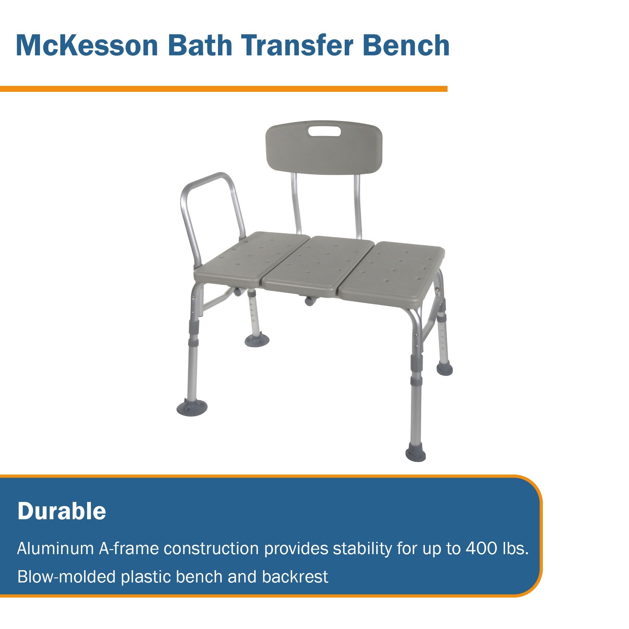 McKesson Aluminum Transfer Bench with Reversible Back-McKesson Knocked Down Bath Transfer Bench Removable Arm Rail 17-1/2 to 22-1/2 Inch Seat Height 400 lbs. Weight Capacity