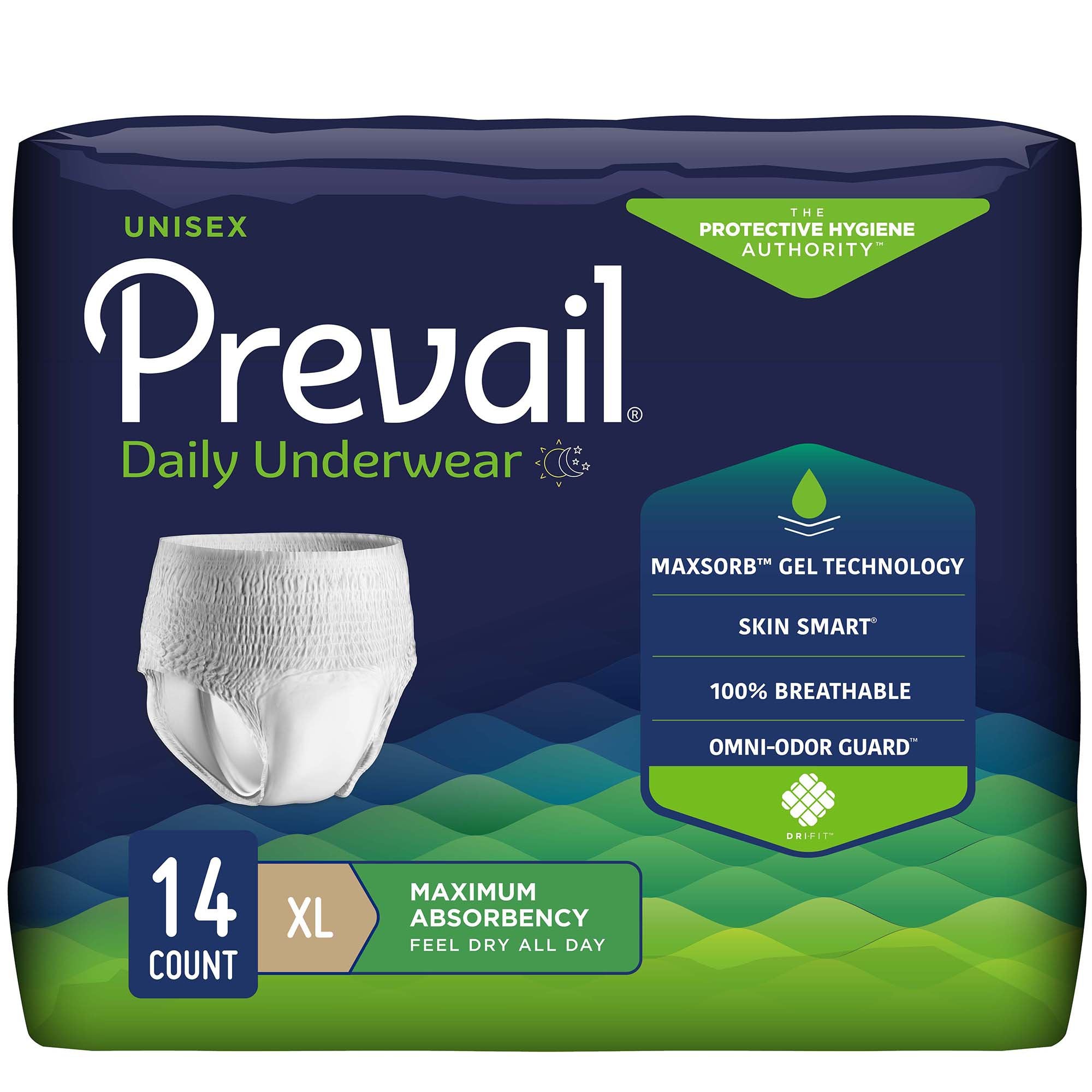 Prevail Maximum Absorbent Underwear, Extra Large-Unisex Adult Absorbent Underwear Prevail Daily Underwear Maximum Pull On with Tear Away Seams X-Large Disposable Heavy Absorbency