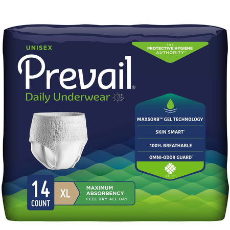 Prevail Maximum Absorbent Underwear, Extra Large-Unisex Adult Absorbent Underwear Prevail Daily Underwear Maximum Pull On with Tear Away Seams X-Large Disposable Heavy Absorbency