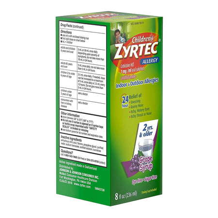 Zyrtec Children's 24 Hour Allergy Syrup, Grape-Children's Allergy Relief Zyrtec 1 mg / 1 mL Strength Solution 4 oz.