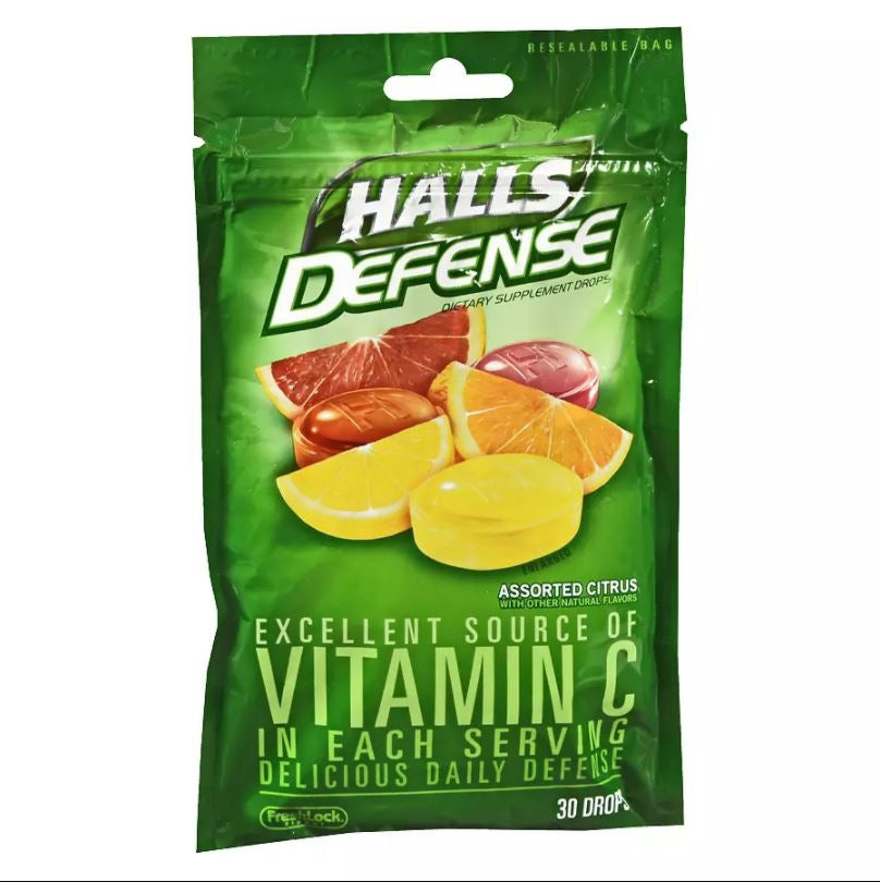 Halls Defense Vitamin C Supplement-Vitamin C Supplement Halls Defense Ascorbic Acid 60 mg Strength Lozenge 30 per Bag Citrus Flavor