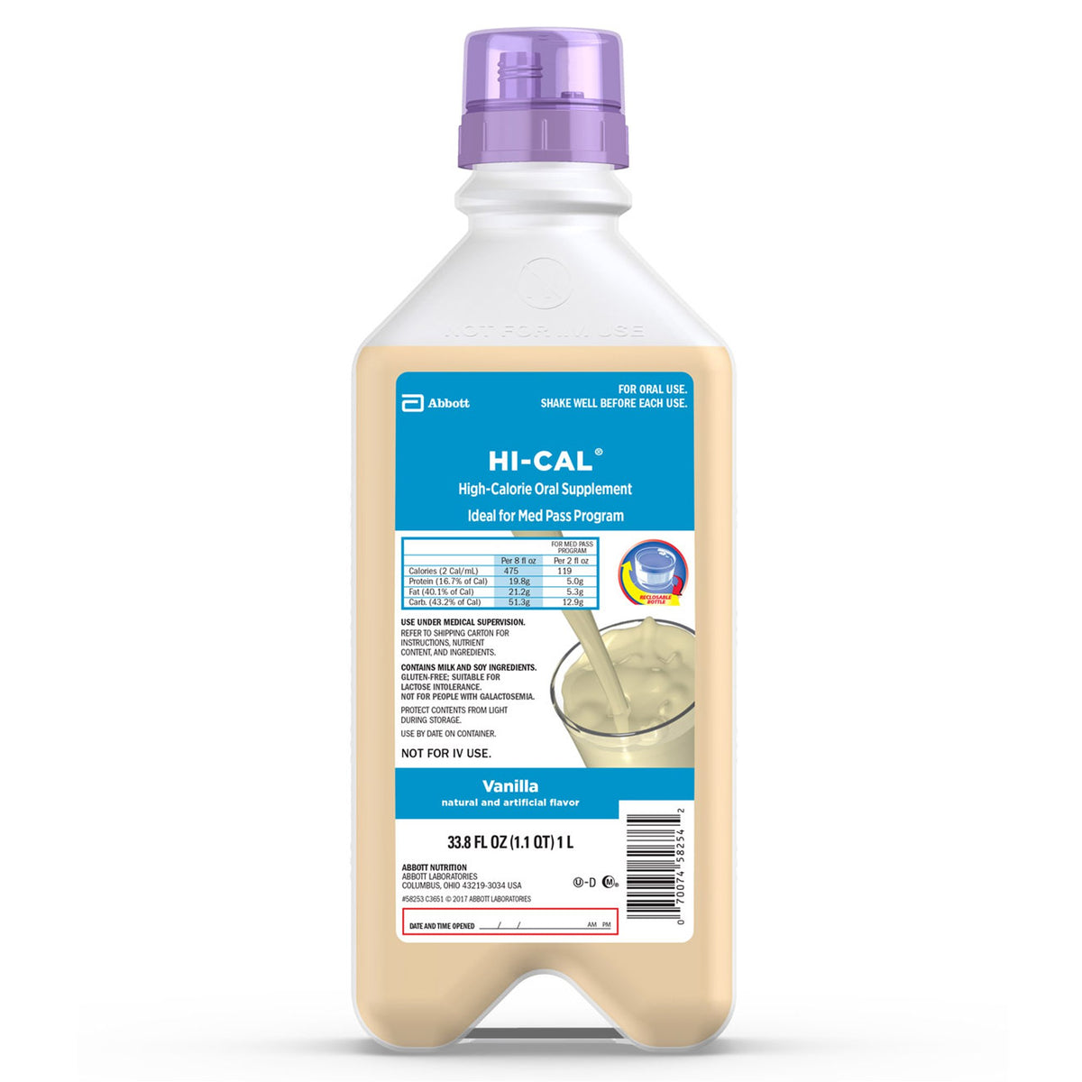 Hi-Cal Vanilla High-Calorie Oral Supplement, Ideal for Med Pass Program, 1 liter bottle-Oral Supplement Hi-Cal Vanilla Flavor Liquid 33.8 oz. Bottle