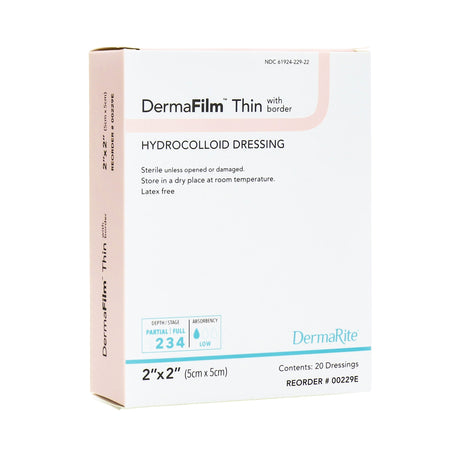 DermaFilm Hydrocolloid Dressing, 2 x 2 Inch-Thin Hydrocolloid Dressing DermaFilm Film Backing 2 X 2 Inch Square Hydrocolloid / Film