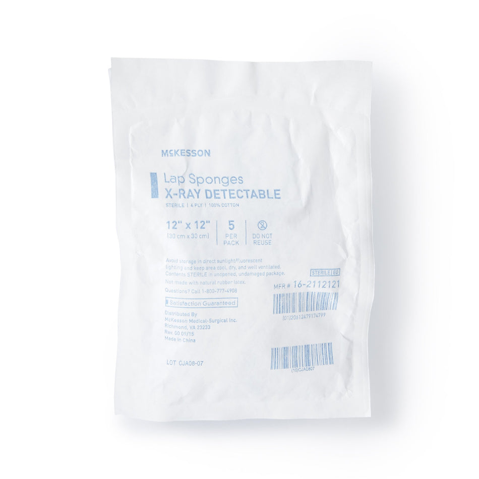 McKesson Laparotomy Sponge, 12 x 12 Inch-Surgical Laparotomy Sponge McKesson X-Ray Detectable Cotton 12 X 12 Inch 5 Count Soft Pack Sterile
