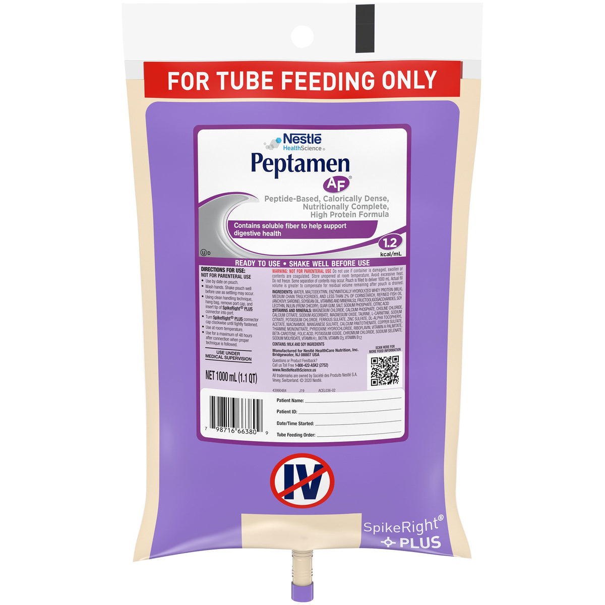 Peptamen AF Tube Feeding Formula, 1000 mL Ready to Hang Prefilled Container-Tube Feeding Formula Peptamen AF Unflavored Liquid 1000 mL Ready to Hang Prefilled Container