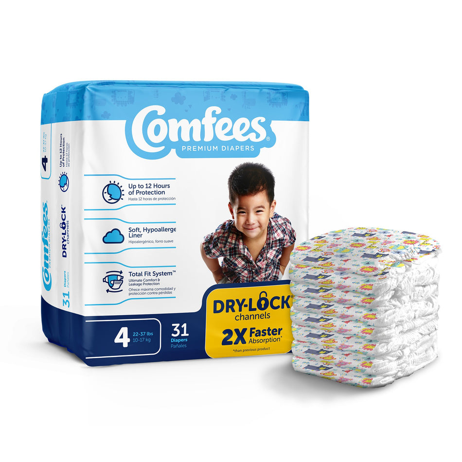 Attends Comfees Premium Baby Diapers, Tab Closure, Kid Design, Size 4-Unisex Baby Diaper Comfees Size 4 Disposable Moderate Absorbency