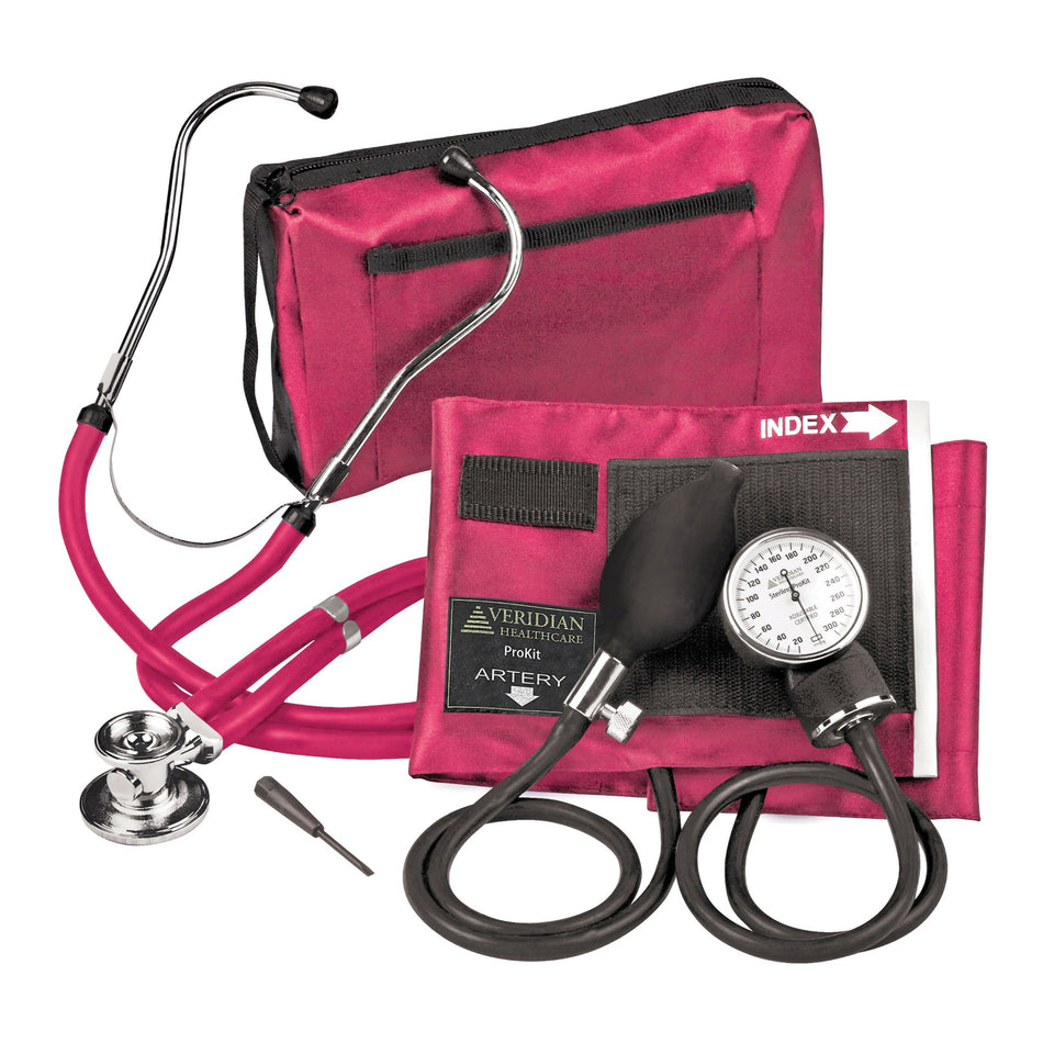 Sterling Series ProKit Aneroid Sphygmomanometer with Stethoscope, Magenta-Reusable Aneroid / Stethoscope Set Veridian 27.9 to 41.6 cm Adult Cuff Dual Head General Exam Stethoscope