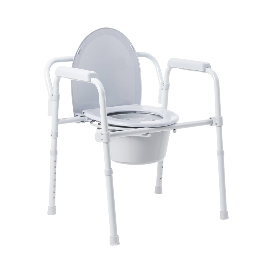 McKesson Folding Fixed Arm Steel Commode Chair, 16-2/3 � 22� Inch Height-3-in-1 Commode Chair McKesson Fixed Arms Steel Frame Back Bar 13-1/2 Inch Seat Width 350 lbs. Weight Capacity