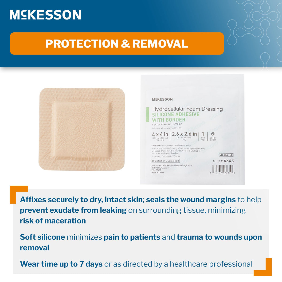 McKesson Silicone Adhesive with Border Silicone Foam Dressing, 4 x 4 Inch-Foam Dressing McKesson 4 X 4 Inch With Border Film Backing Silicone Gel Adhesive Square Sterile