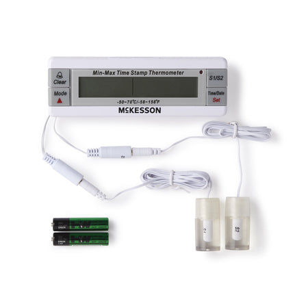McKesson Refrigerator / Freezer Thermometer, Digital Display, -58 to +158F (-50 to +70C)-Digital Refrigerator / Freezer Thermometer with Alarm McKesson Fahrenheit / Celsius -58 to +158F (-50 to +70C) Desk / Wall / Door Mount Battery Operated