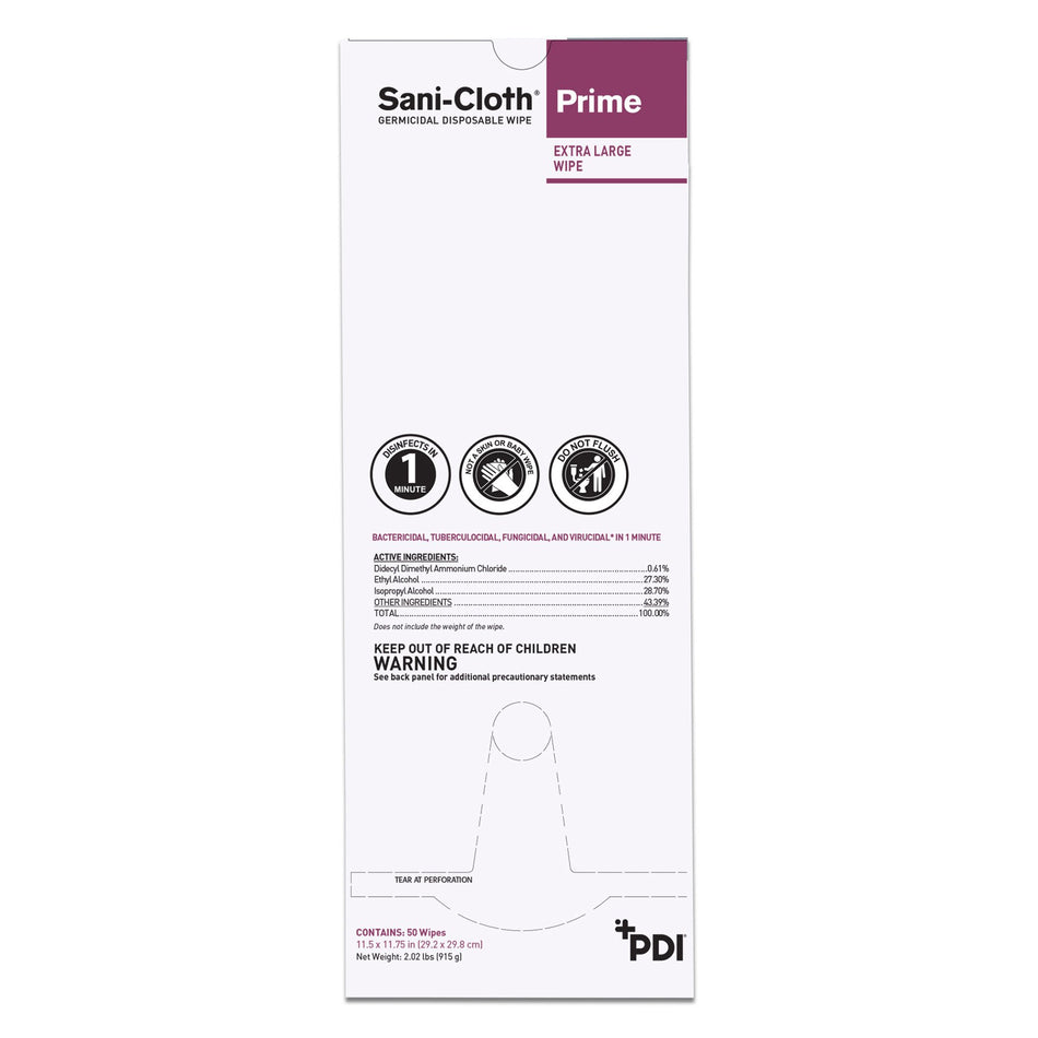 Sani-Cloth Prime Extra Large Germicidal Disinfectant Wipes, 11.5 x 11.75 Inch-Sani-Cloth Prime Surface Disinfectant Cleaner Premoistened Germicidal Manual Pull Wipe 50 Count Individual Packet Alcohol Scent NonSterile