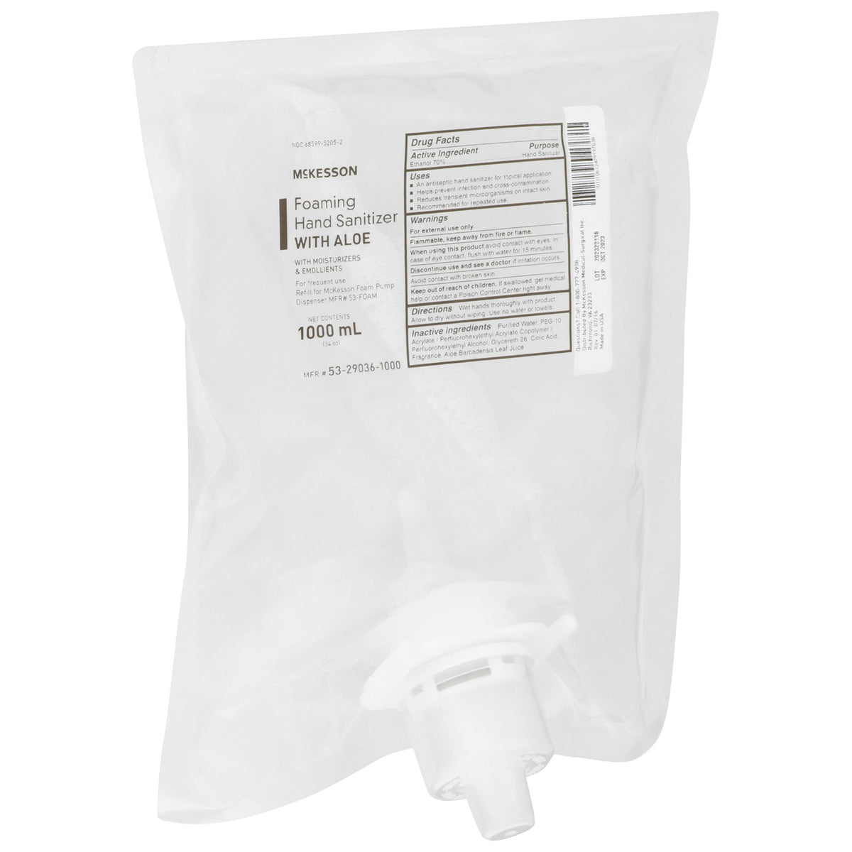 McKesson Foaming Hand Sanitizer with Aloe 1000 mL, Refill-"Hand Sanitizer with Aloe McKesson 1,000 mL Ethyl Alcohol Foaming Dispenser Refill Bag"