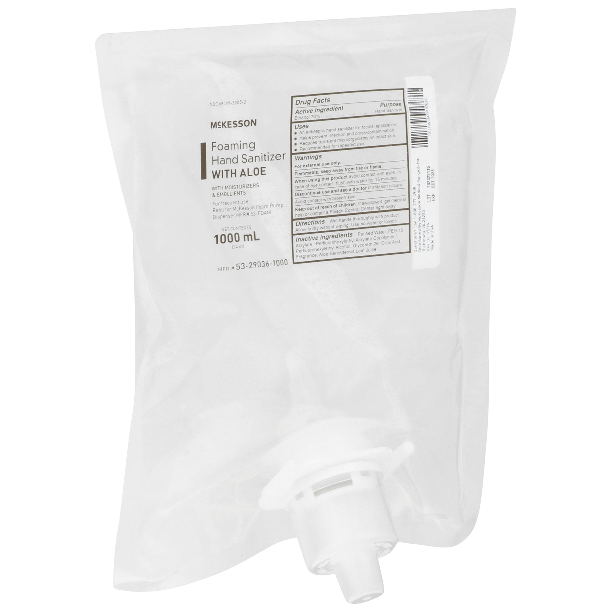 McKesson Foaming Hand Sanitizer with Aloe 1000 mL, Refill-"Hand Sanitizer with Aloe McKesson 1,000 mL Ethyl Alcohol Foaming Dispenser Refill Bag"