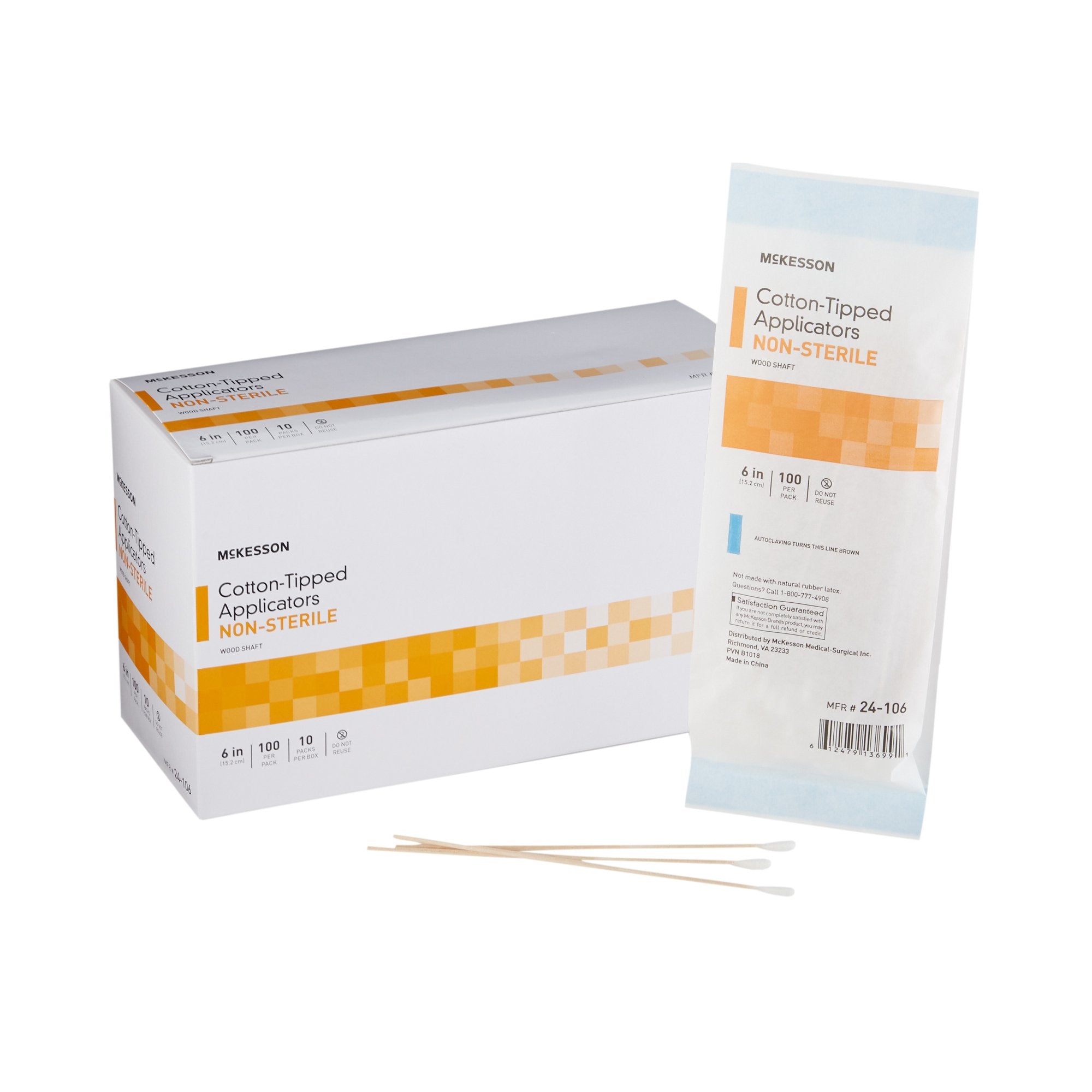McKesson Swabsticks, Cotton-Tip, Wood Shaft, 6 Inch-Swabstick McKesson Cotton Tip Wood Shaft 6 Inch NonSterile 100 per Pack