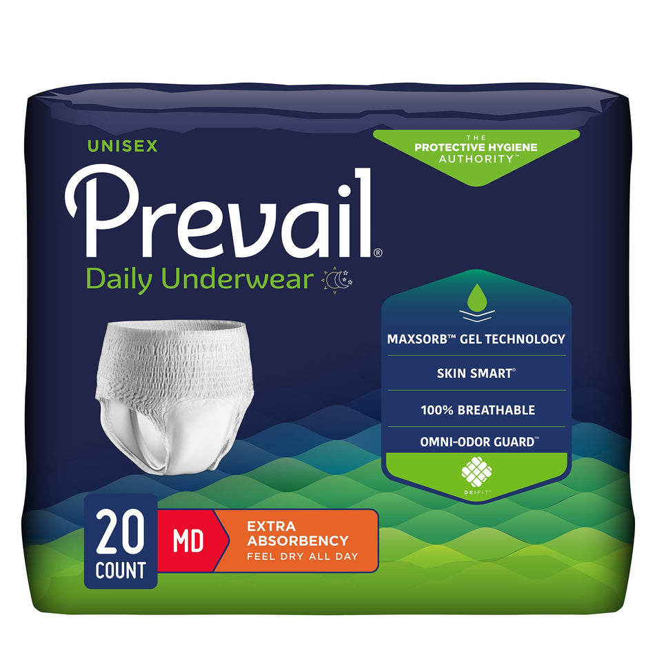Prevail Daily Underwear Extra Absorbent Underwear, Medium-Unisex Adult Absorbent Underwear Prevail Daily Underwear Extra Pull On with Tear Away Seams Medium Disposable Moderate Absorbency