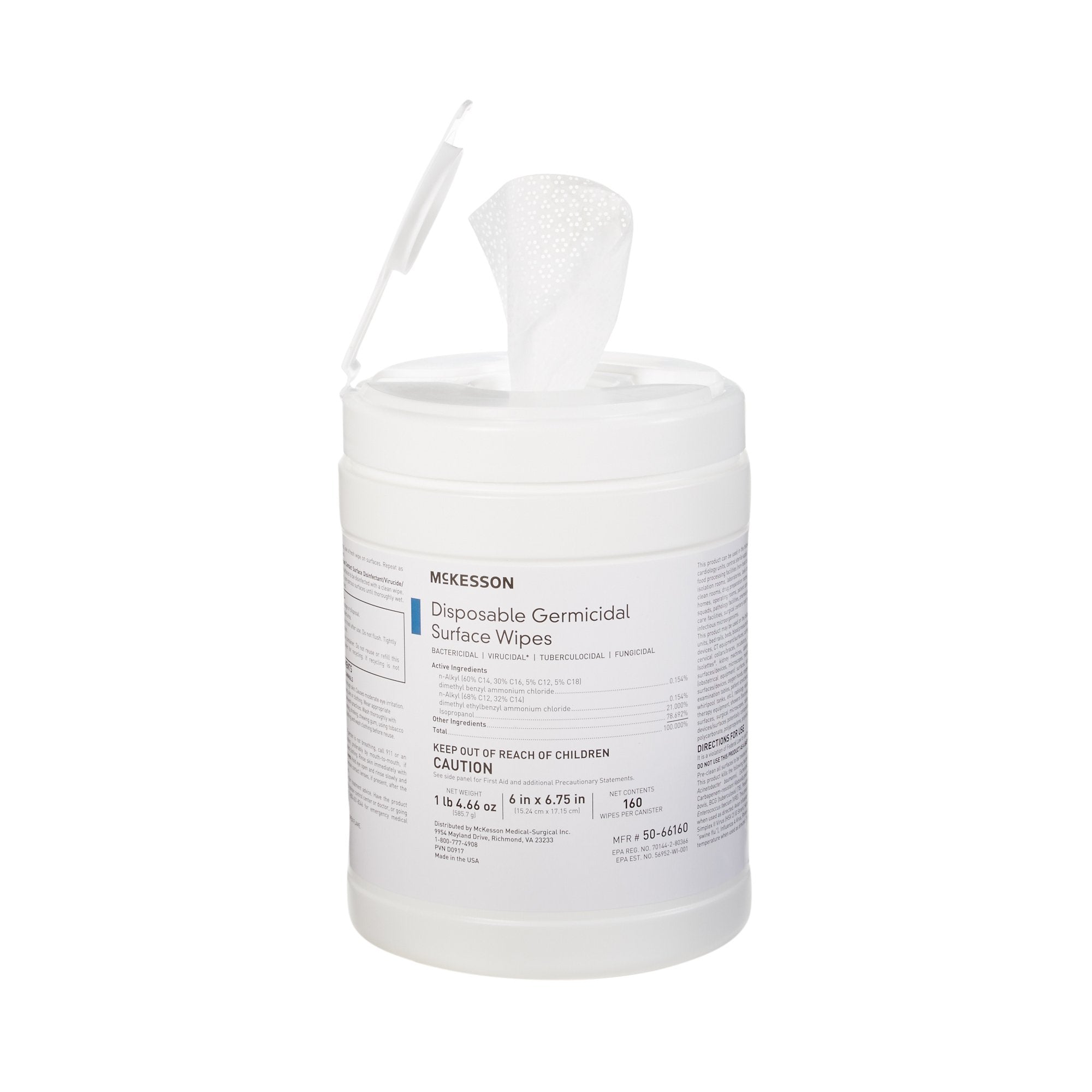 McKesson Germicidal Large Surface Disinfectant Wipes, Canister, 160 ct.-McKesson Surface Disinfectant Premoistened Manual Pull Wipe 160 Count Canister Alcohol Scent NonSterile