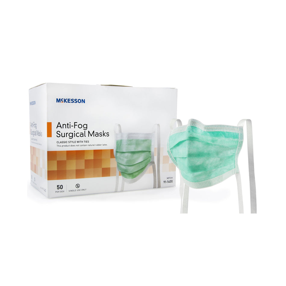 McKesson Classic Style Anti-Fog Surgical Mask, Green-Surgical Mask McKesson Anti-fog ASTM Level 1 Tie Closure One Size Fits Most