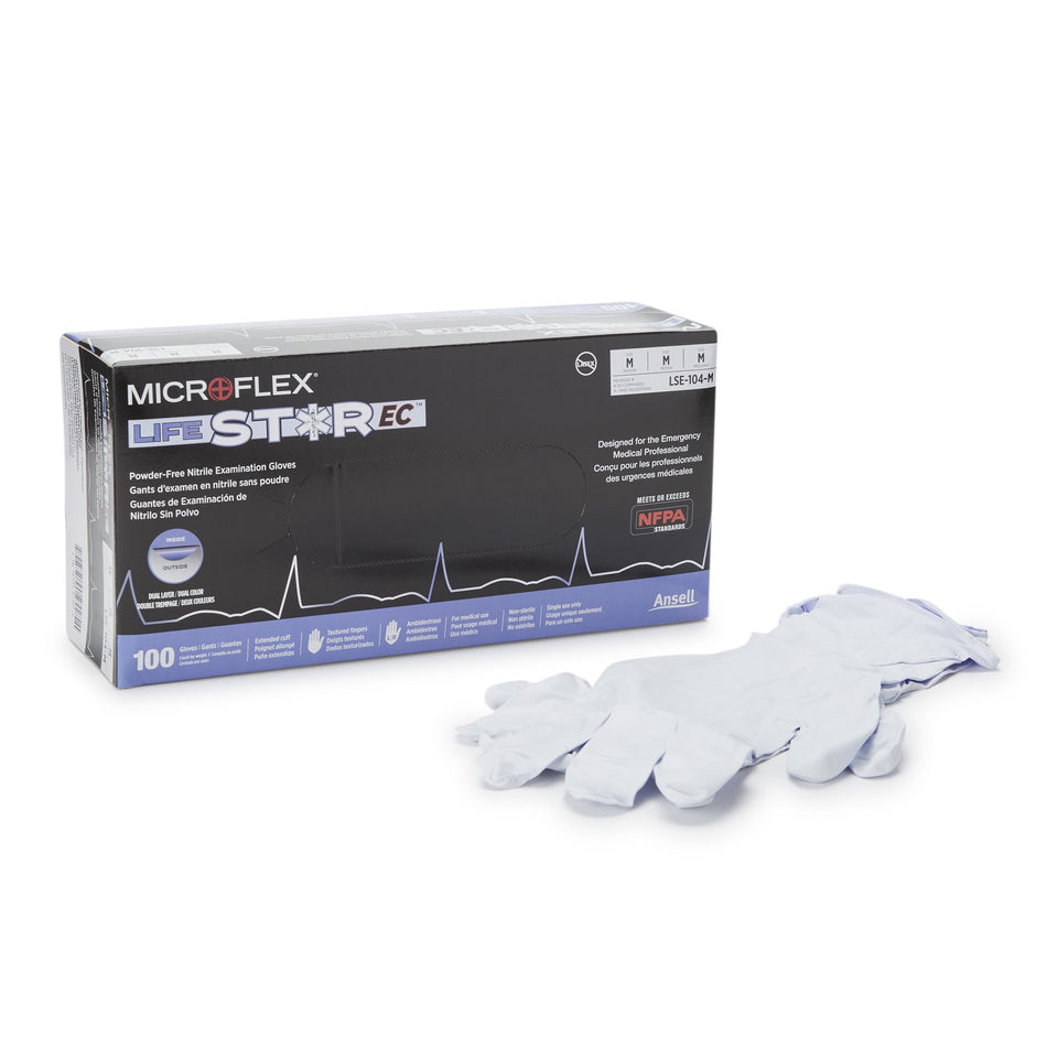 LifeStar EC Nitrile Extended Cuff Length Exam Glove, Medium, White / Blue-Exam Glove LifeStar EC Medium NonSterile Nitrile Extended Cuff Length Textured Fingertips White / Blue Fentanyl Tested