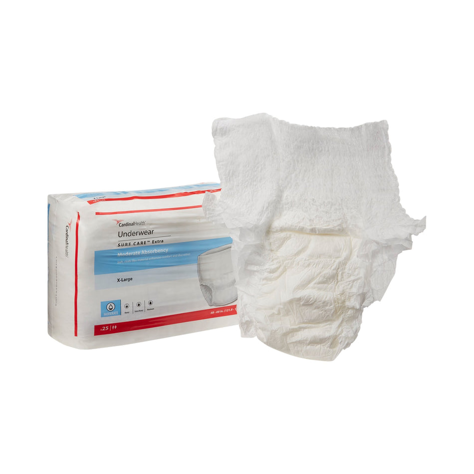 Sure Care Extra Moderate Absorbency Incontinence Underwear, X-Large-Unisex Adult Absorbent Underwear Sure Care Extra Pull On with Tear Away Seams X-Large Disposable Moderate Absorbency