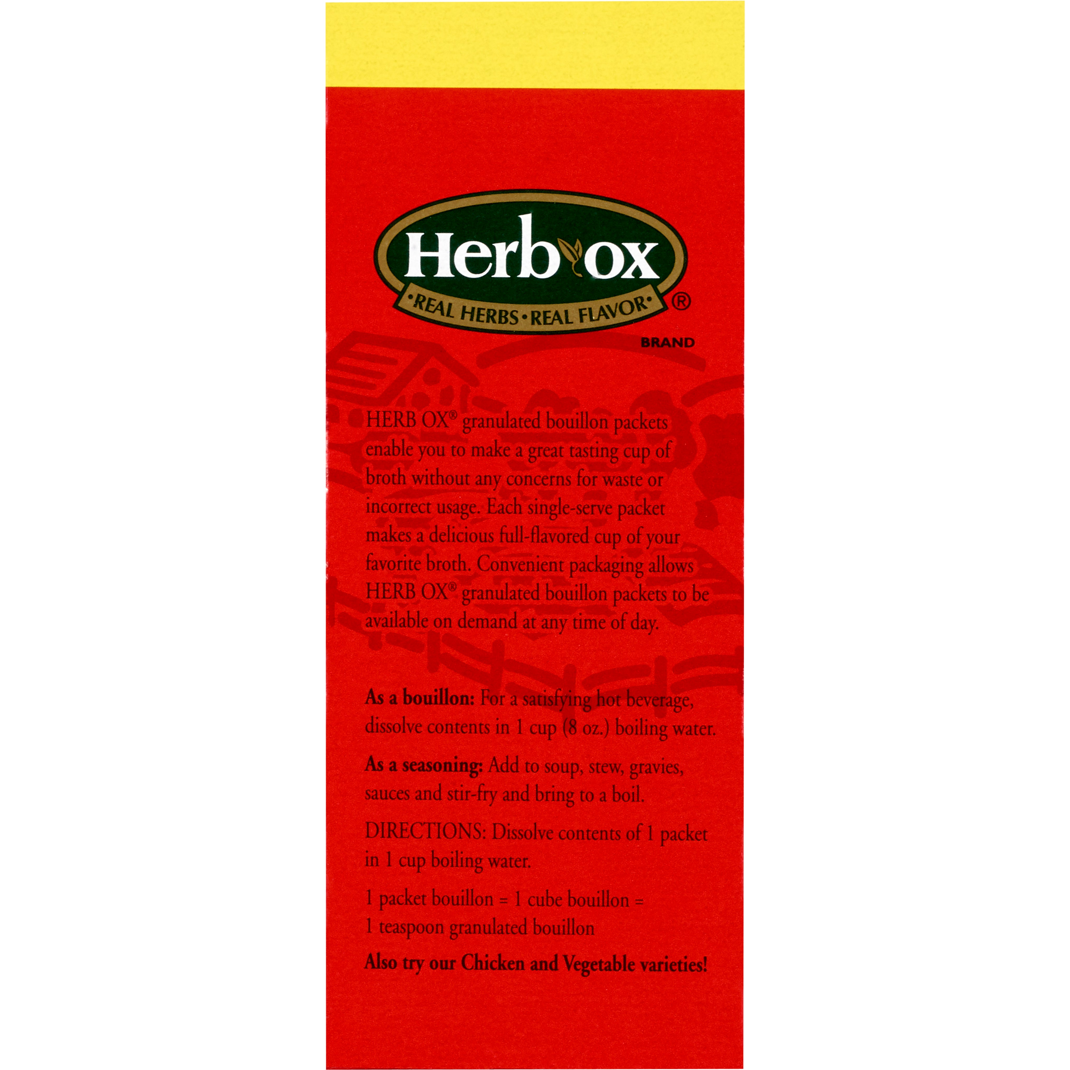 Herb-Ox Beef Bouillon Sodium Free Instant Broth-Instant Broth Herb-Ox Sodium Free Beef Flavor Bouillon Flavor Liquid 7.5 oz. Individual Packet