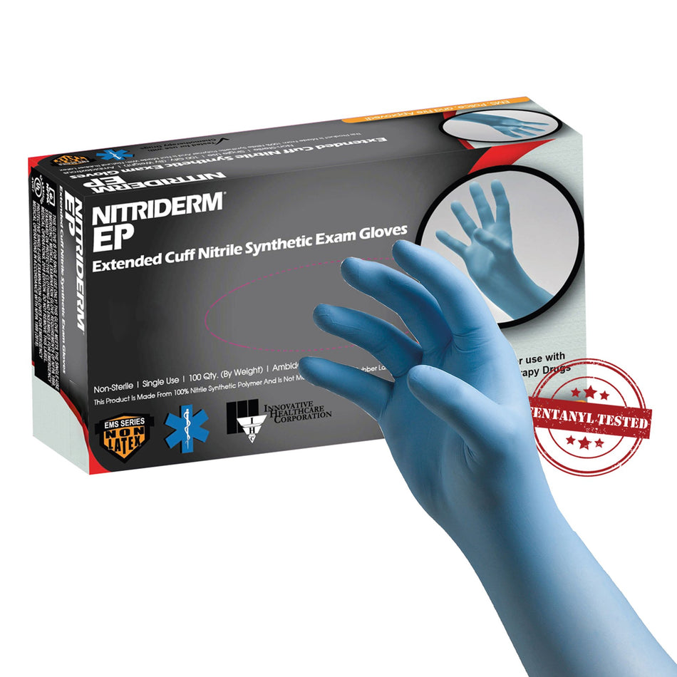 NitriDerm EP Nitrile Extended Cuff Length Exam Glove, Large, Blue-Exam Glove NitriDerm EP Large NonSterile Nitrile Extended Cuff Length Fully Textured Blue Chemo Tested / Fentanyl Tested