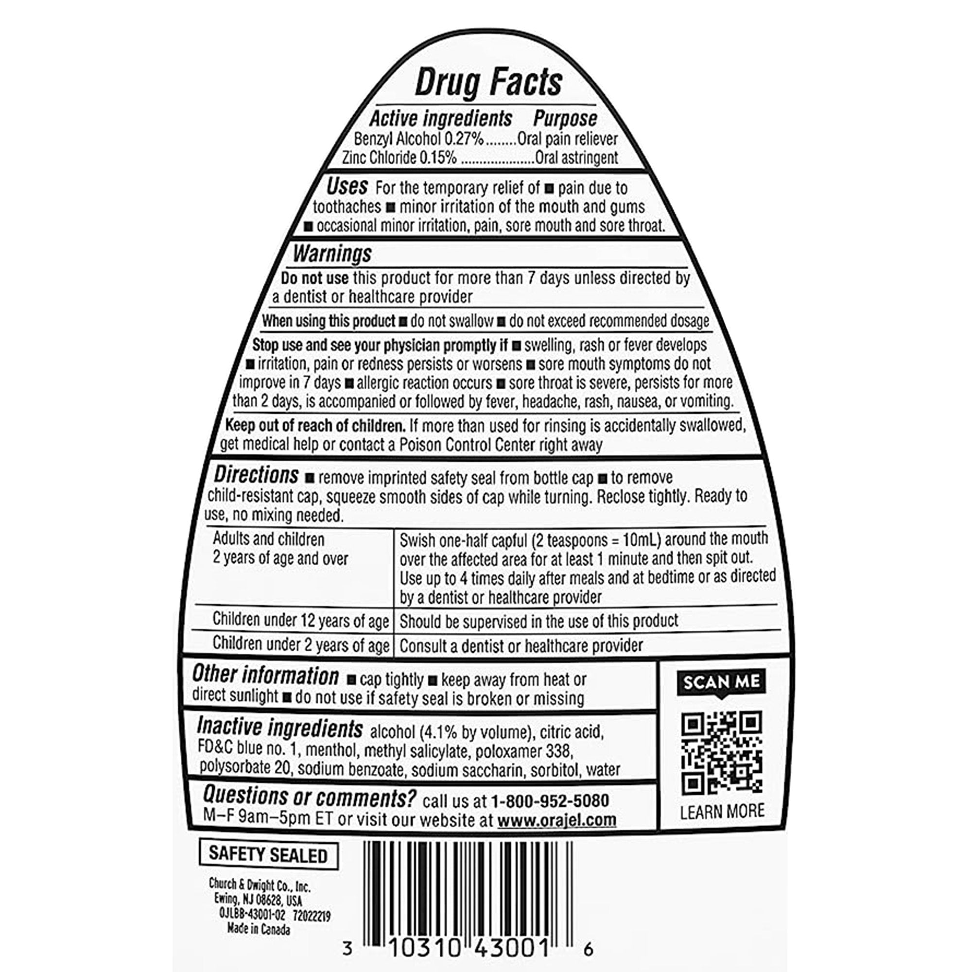 Orajel for Toothache Analgesic and Astringent Rinse Soothing Mint-Oral Pain Relief Orajel Liquid 16 oz.