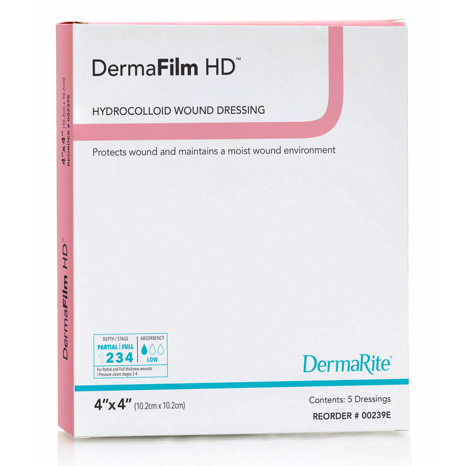 DermaFilm� HD Hydrocolloid Dressing, 4 x 4 Inch-Hydrocolloid Dressing DermaFilm� HD Film Backing 4 X 4 Inch Square Hydrocolloid / Film