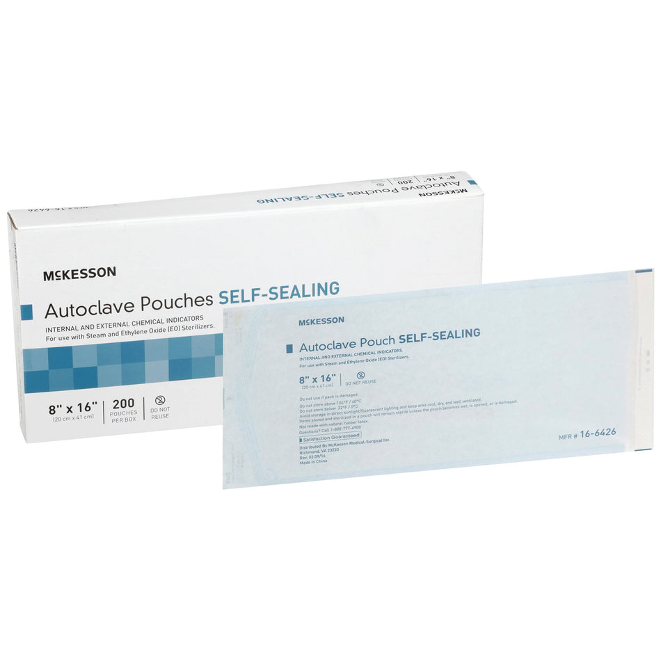 McKesson Sterilization Pouch, 8 x 16 Inch-Sterilization Pouch McKesson Ethylene Oxide (EO) Gas / Steam 8 X 16 Inch Transparent Blue / White Self Seal Paper / Film