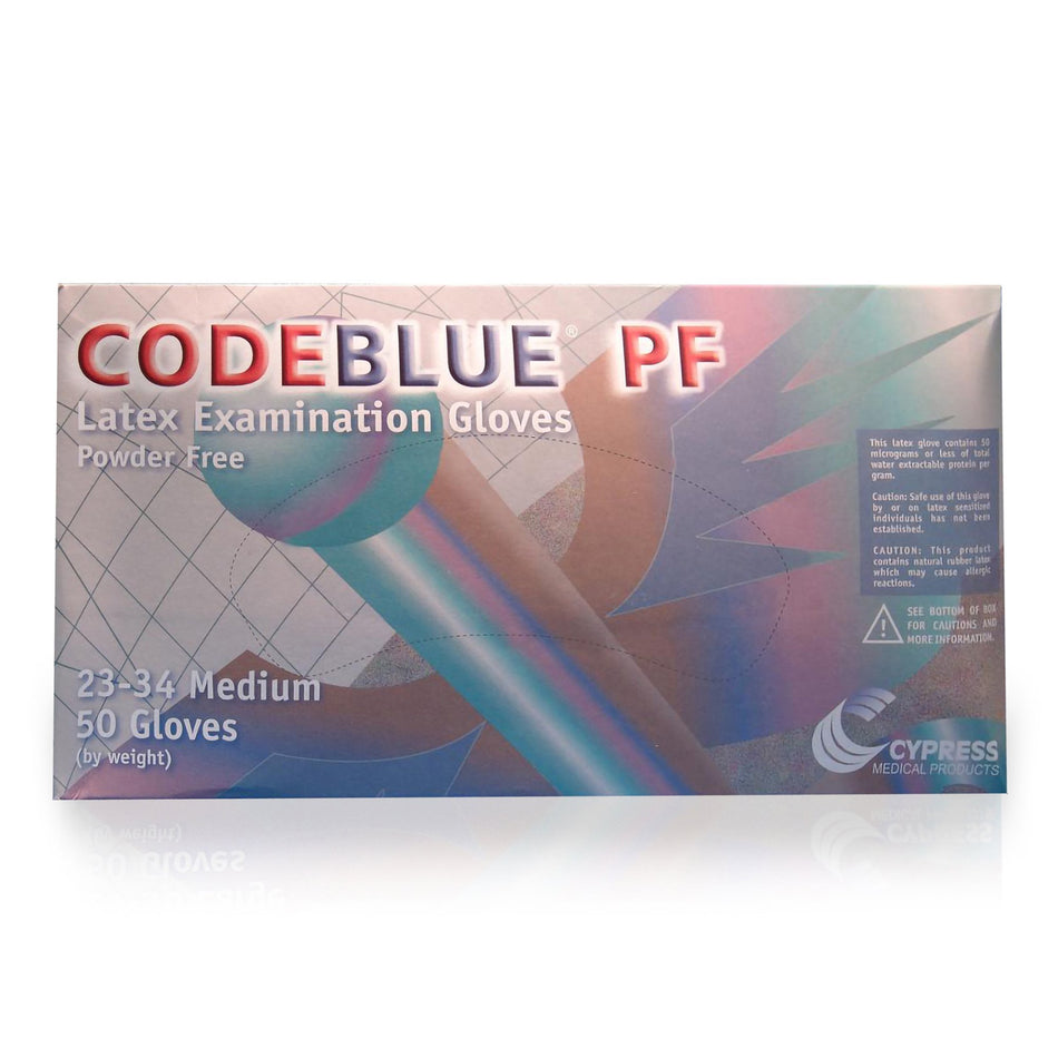 CodeBlue PF Latex Extended Cuff Length Exam Glove, Medium, Blue-Exam Glove CODEBLUE PF Medium NonSterile Latex Extended Cuff Length Fully Textured Blue Not Rated