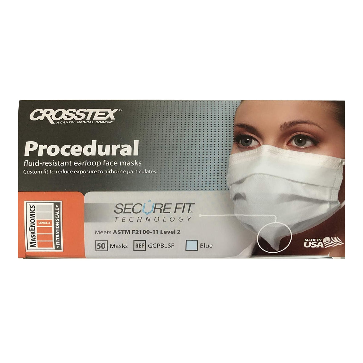 Crosstex Procedural Mask with Secure Fit, Blue-Procedure Mask ASTM Level 2 Earloops One Size Fits Most