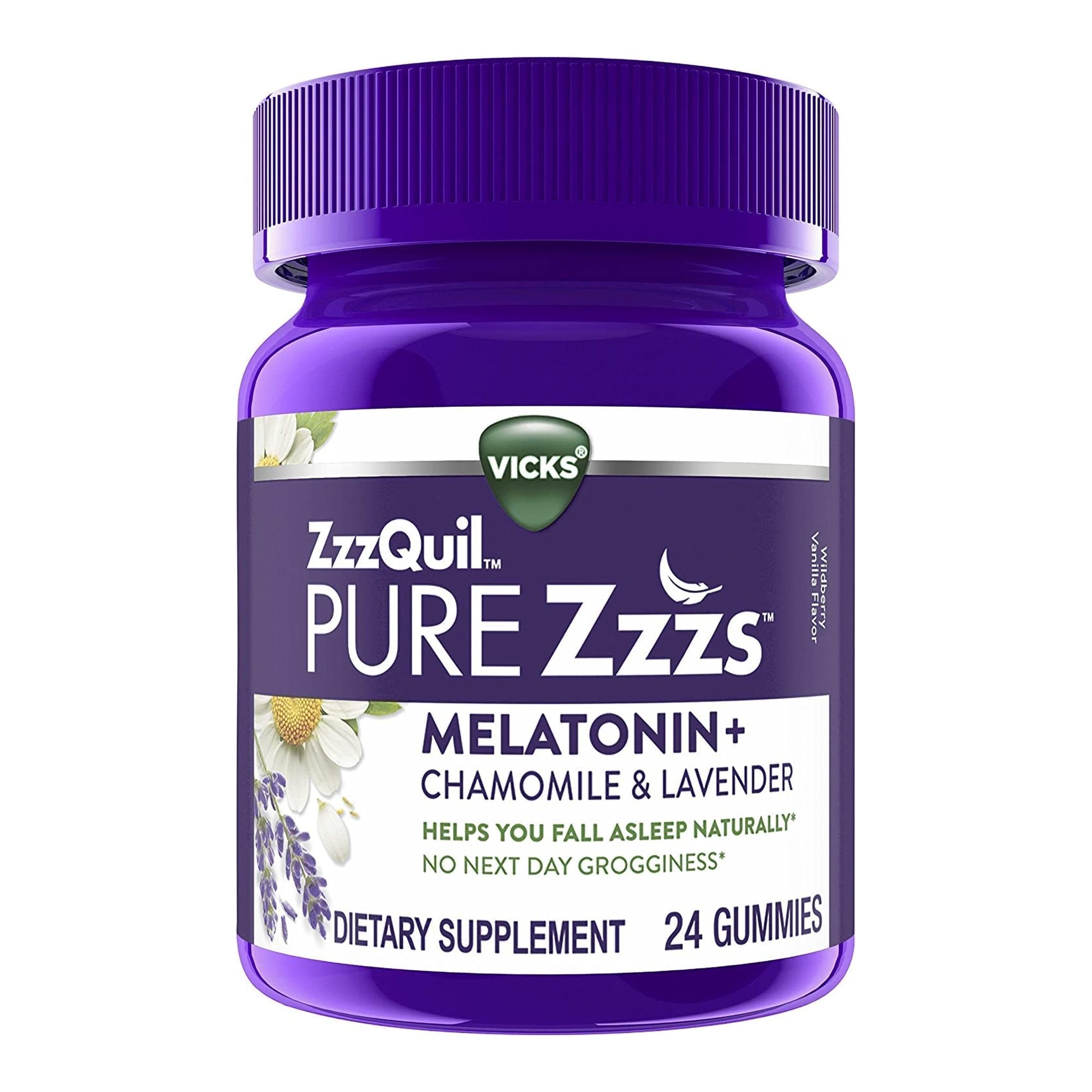 ZzzQuil Pure Zzzs Melatonin + Chamomile & Lavender Gummies, Wildberry Vanilla Flavor-Sleep Aid ZzzQuil PURE Zzzs 24 per Bottle Gummy
