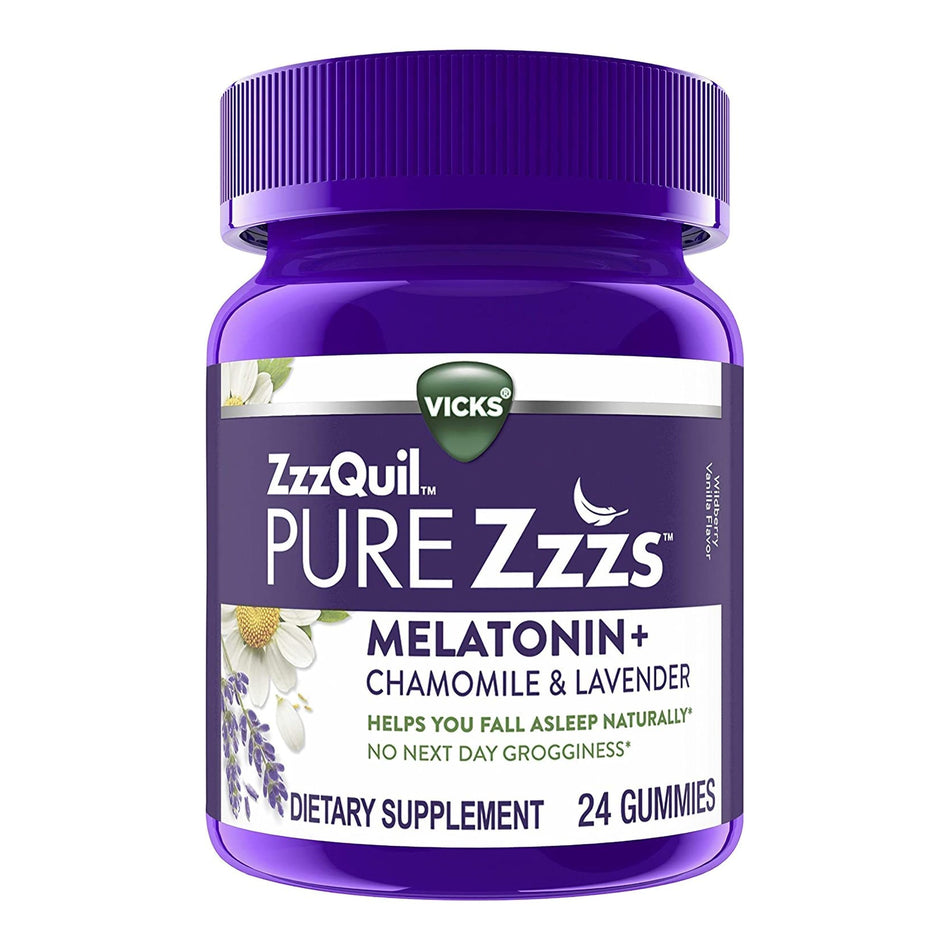 ZzzQuil Pure Zzzs Melatonin + Chamomile & Lavender Gummies, Wildberry Vanilla Flavor-Sleep Aid ZzzQuil PURE Zzzs 24 per Bottle Gummy