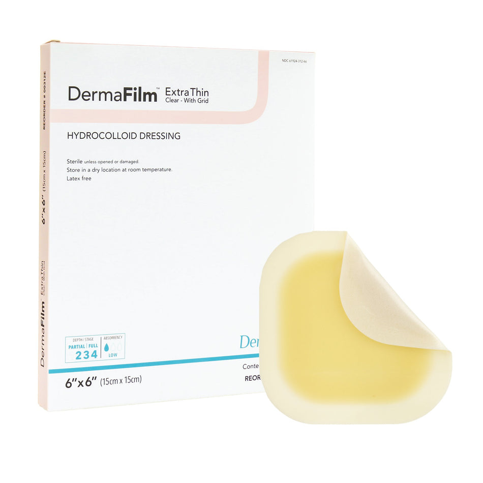 DermaFilm� Thin with Border Hydrocolloid Dressing, 6 x 6 Inch-Thin Hydrocolloid Dressing DermaFilm� Film Backing 6 X 6 Inch Square Hydrocolloid / Film