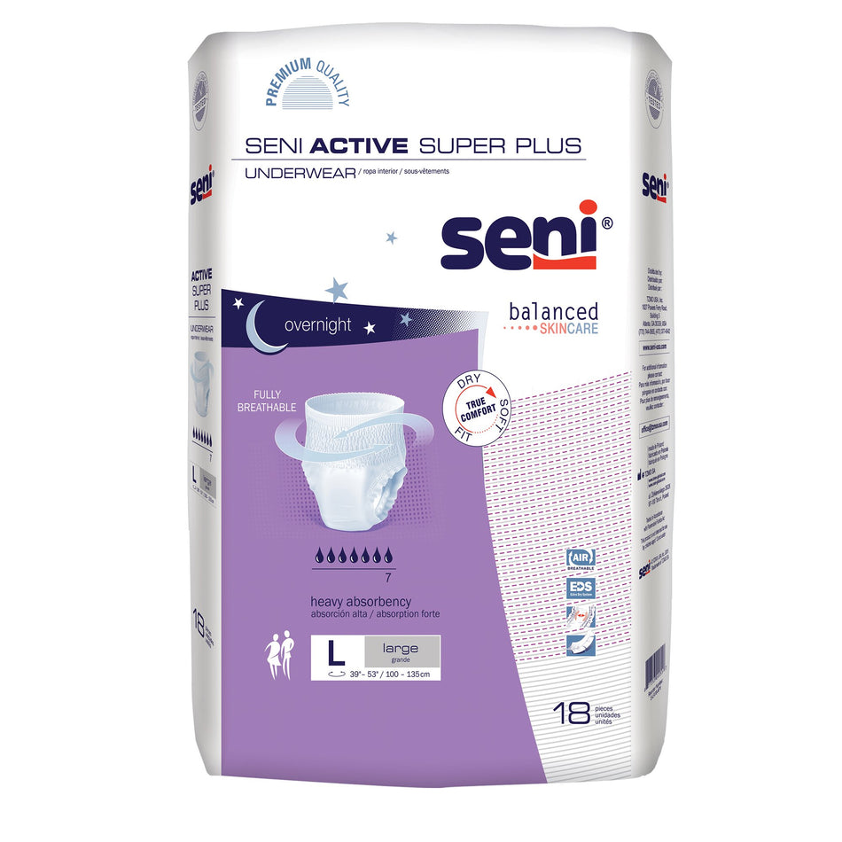 Seni Active Super Plus Overnight Heavy Absorbent Underwear, Large-Unisex Adult Absorbent Underwear Seni Active Super Plus Pull On with Tear Away Seams Large Disposable Heavy Absorbency