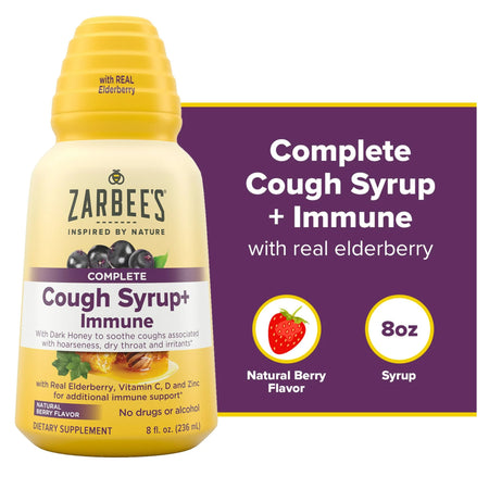 Zarbee's Naturals Complete Cough Syrup+Immune, Berry Flavor-Cold and Cough Relief Zarbee's Cough + Immune 11 g Strength Syrup 8 oz.