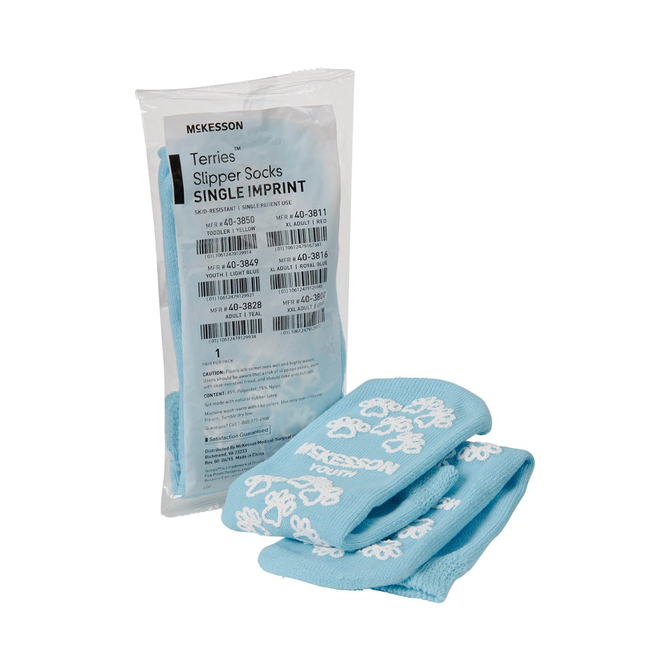 McKesson Terries Slipper Socks-Slipper Socks McKesson Terries Unisex Child Single Tread Single Patient Use Light Blue