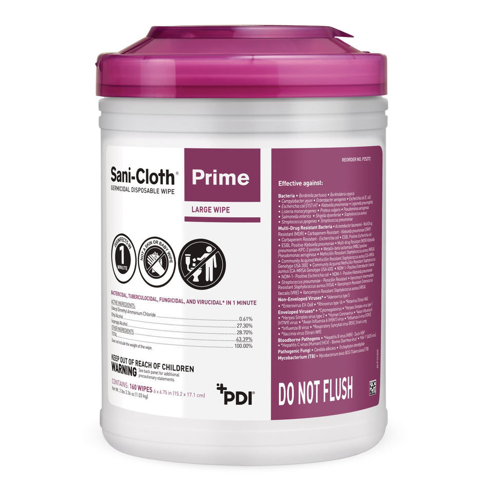 Sani-Cloth Prime Large Germicidal Disinfectant Wipes, 6 x 6.75 Inch-Sani-Cloth Prime Surface Disinfectant Cleaner Premoistened Germicidal Manual Pull Wipe 160 Count Canister Alcohol Scent NonSterile