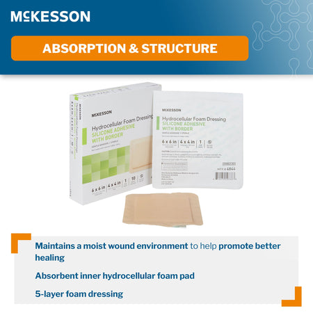 McKesson Silicone Adhesive with Border Silicone Foam Dressing, 6 x 6 Inch-Foam Dressing McKesson 6 X 6 Inch With Border Film Backing Silicone Gel Adhesive Square Sterile