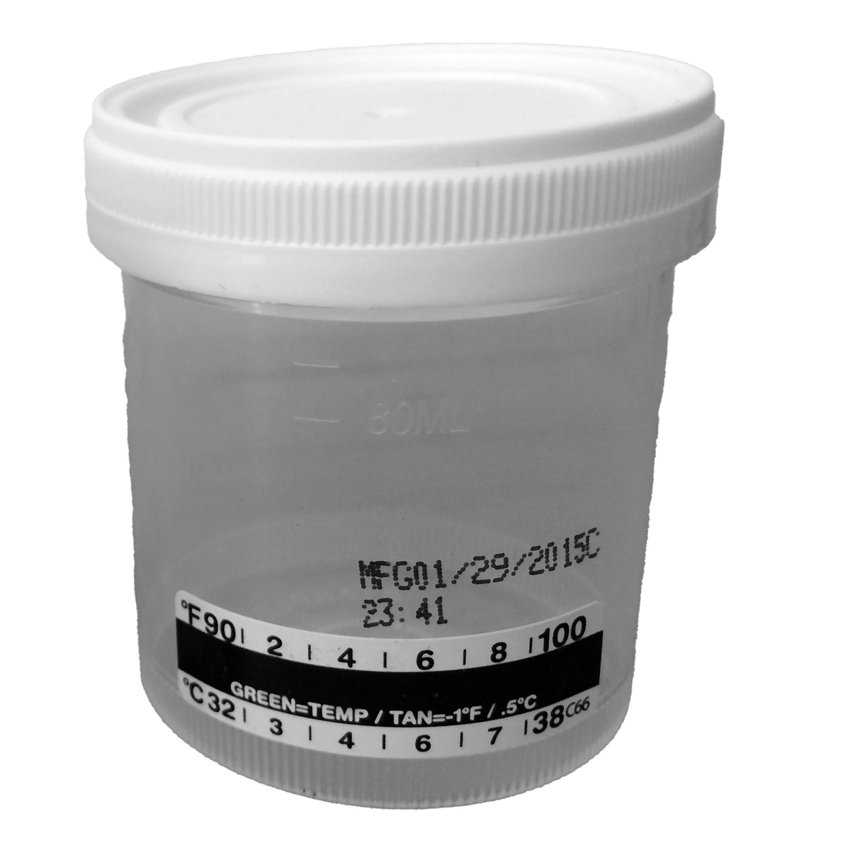 Starplex Specimen Container with Temperature Strip, 90 mL-Specimen Container with Temperature Strip Starplex 53 mm Opening 90 mL (3 oz.) Screw Cap Patient Information Sterile