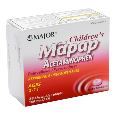 Mapap Acetaminophen Children's Pain Relief / Fever Reducer, Bubble Gum flavor-Children's Pain Relief / Fever Reducer Mapap 160 mg Strength Acetaminophen Chewable Tablet 24 per Box