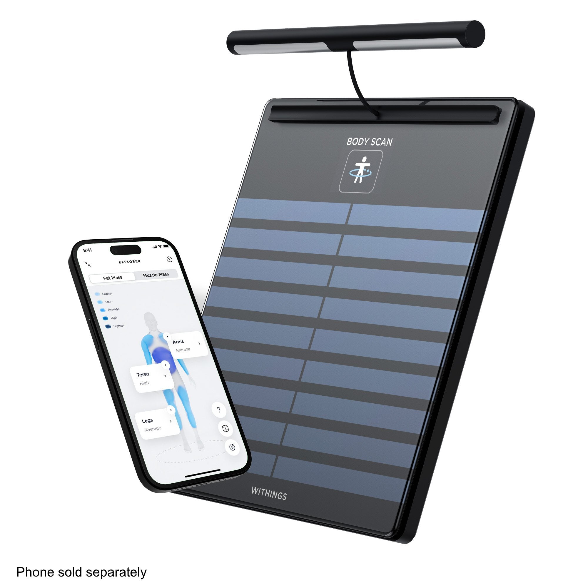 Withings Body Scan Wifi Smart Scale, Black-Segmental Body Composition Step On Withings LCD Display 440 lbs. / 200 kg Black