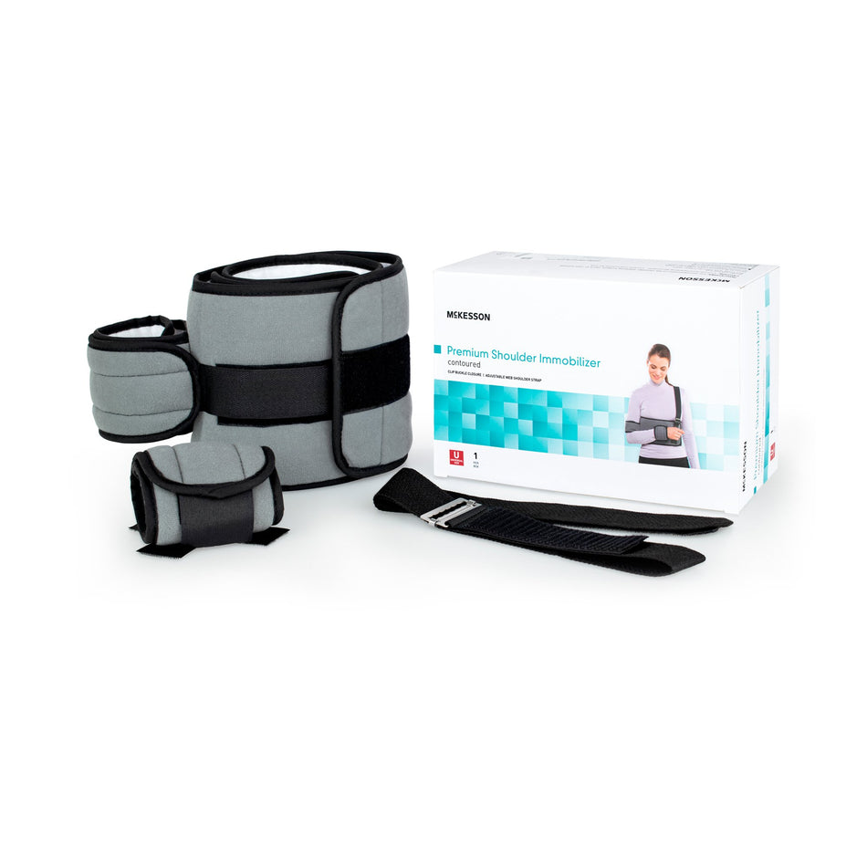 McKesson Shoulder / Arm Immobilizer, One Size Fits Most-Shoulder Immobilizer McKesson One Size Fits Most Fiberlaminate Waist-Hook and Loop Closure/Shoulder Strap with Buckle/Arm Band and Hand Band Hook and Loop Closure Adjustable Left or Right Arm