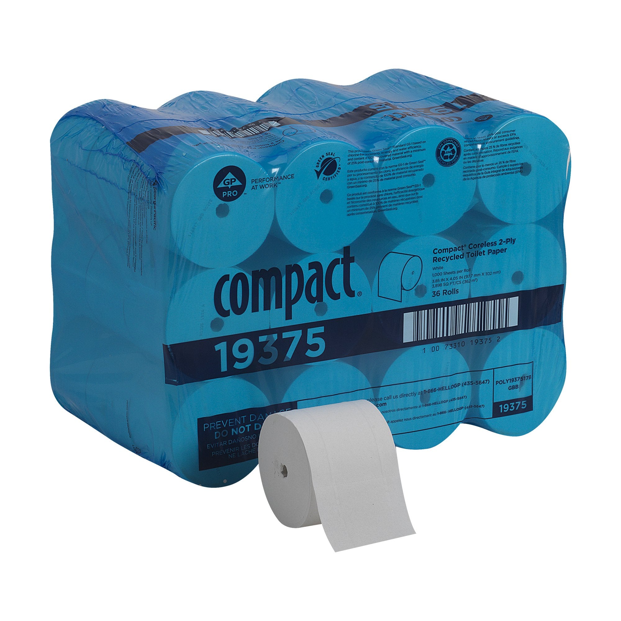 compact Toilet Tissue-Toilet Tissue Compact White 2-Ply Standard Size Coreless Roll 1000 Sheets 3-4/5 X 4-1/20 Inch
