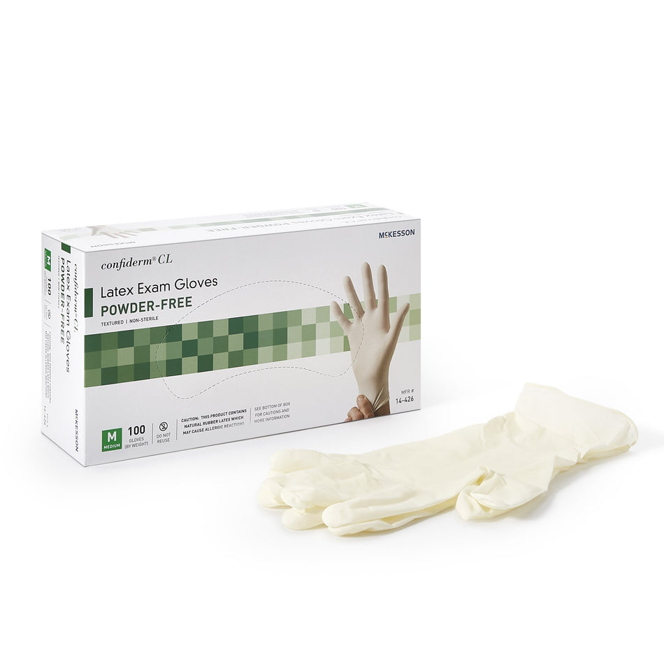 McKesson Confiderm CL Latex Exam Glove, Medium, Ivory-Exam Glove McKesson Confiderm Medium NonSterile Latex Standard Cuff Length Textured Fingertips Ivory Not Rated