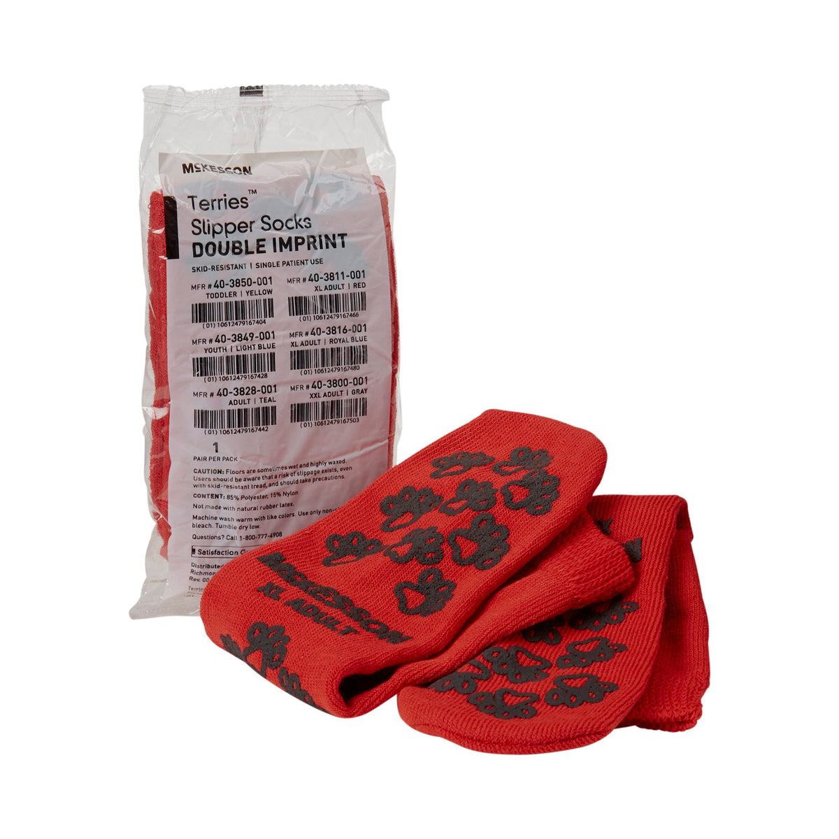 McKesson Terries Adult Slipper Socks, X-Large-Slipper Socks McKesson Terries Unisex Adult X-Large Double Tread Single Patient Use Red